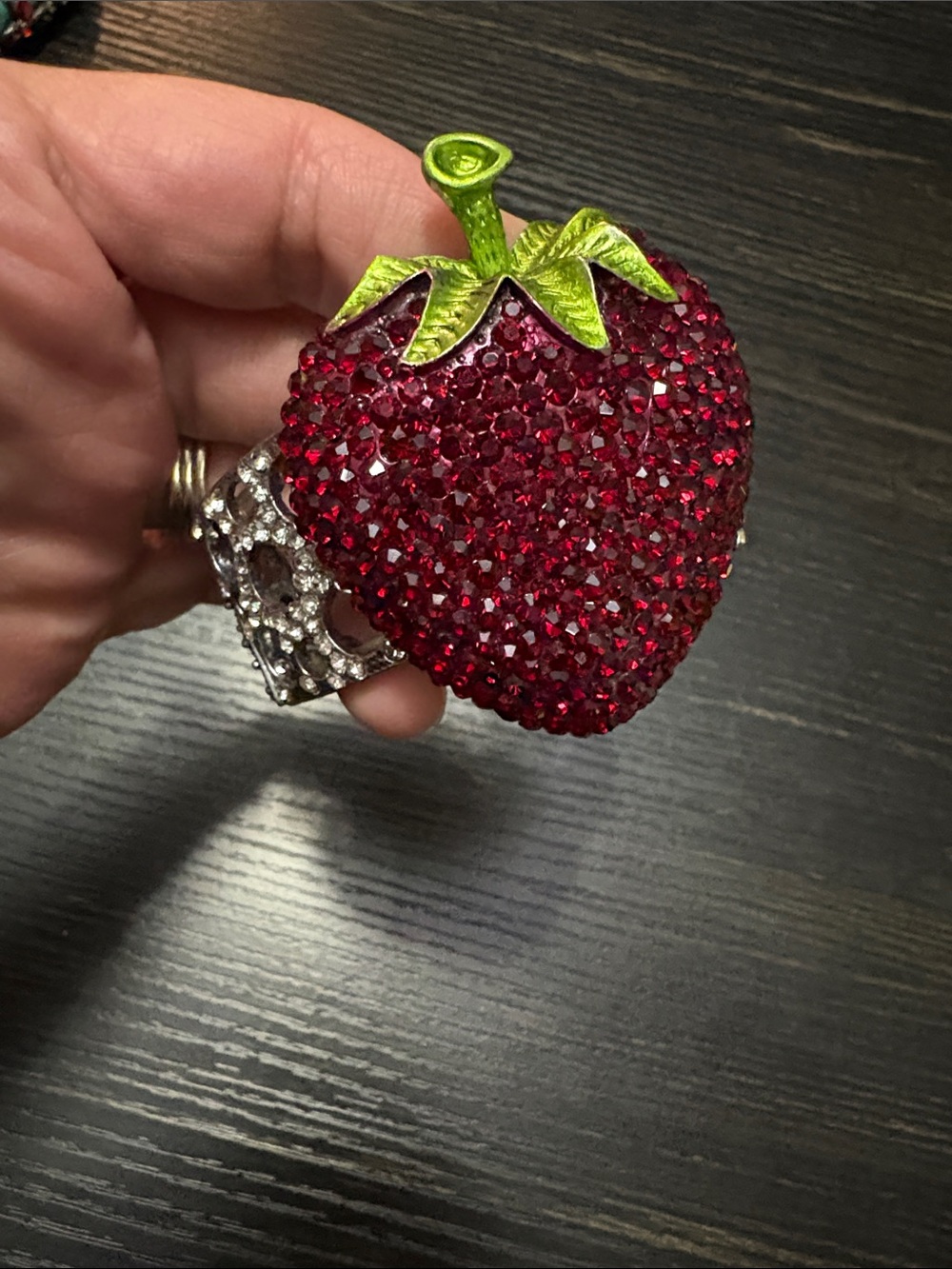 Red Crystal Strawberry Brooch with Green Enamel Leaves